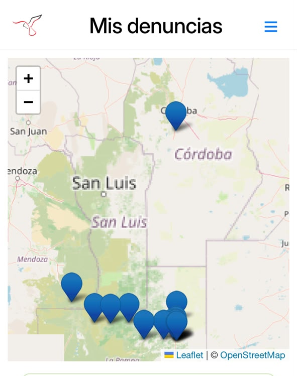 Pantalla «Mis denuncias» de la aplicación, con los reportes ubicados en un mapa